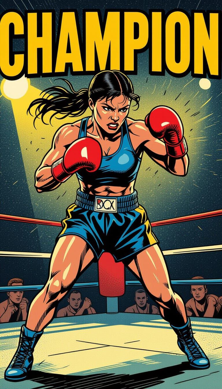 Female Boxer Delivers Knockout Punch in Vintage Comic Style