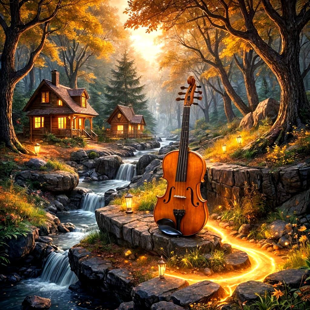 Glowing Guitar Merges With Magical Autumn Forest Landscape