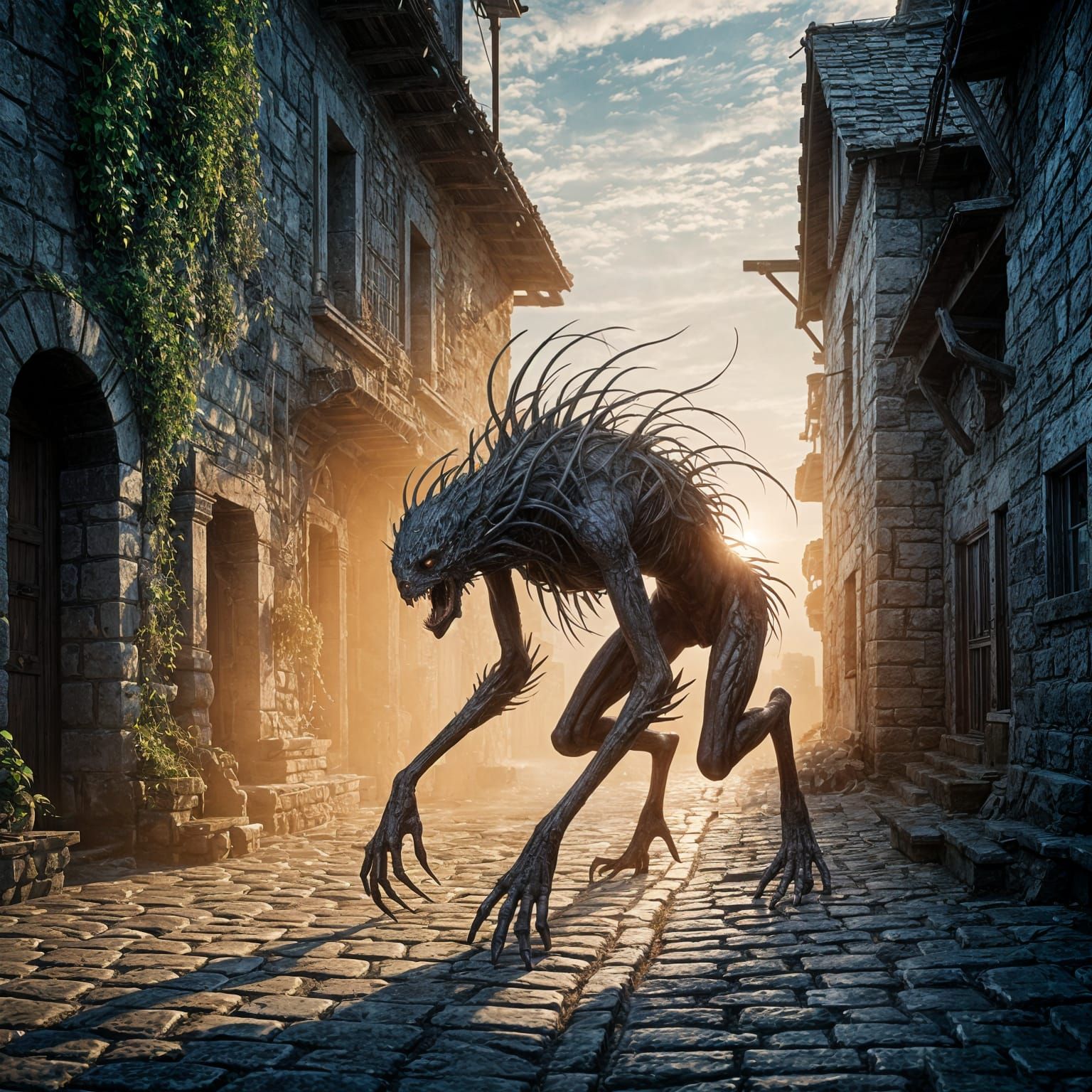 Shadowy Sleipnir in Medieval Village at Dawn