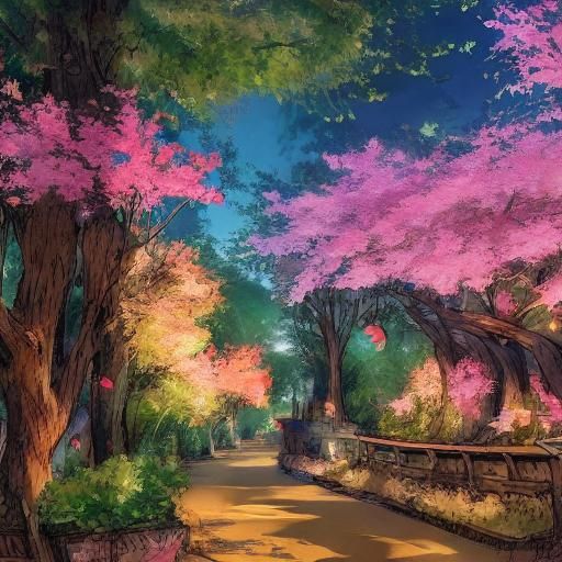 Magical Girl in Cherry Blossom Forest: Anime Art