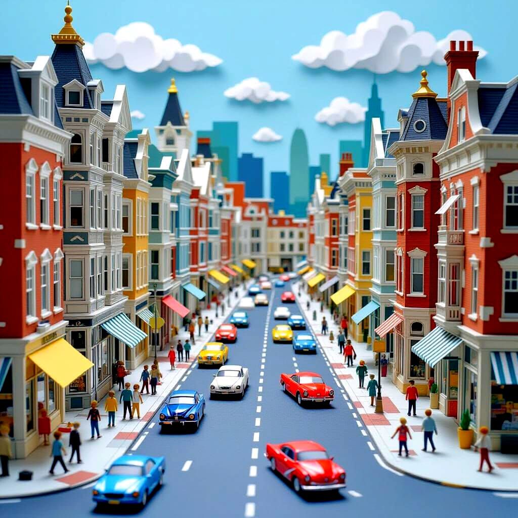 Bustling Paper City Street Scene Illustration