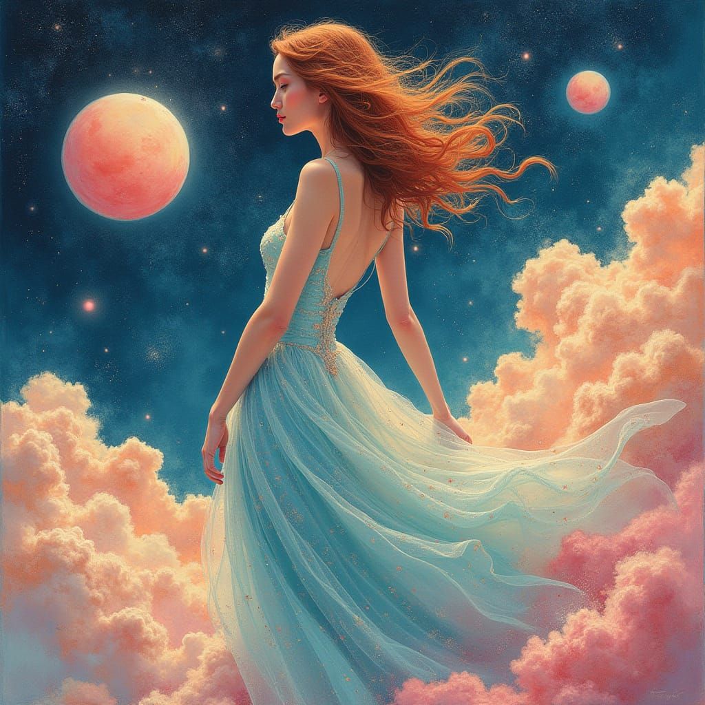 Ethereal Woman Dissolving into Cosmic Stardust