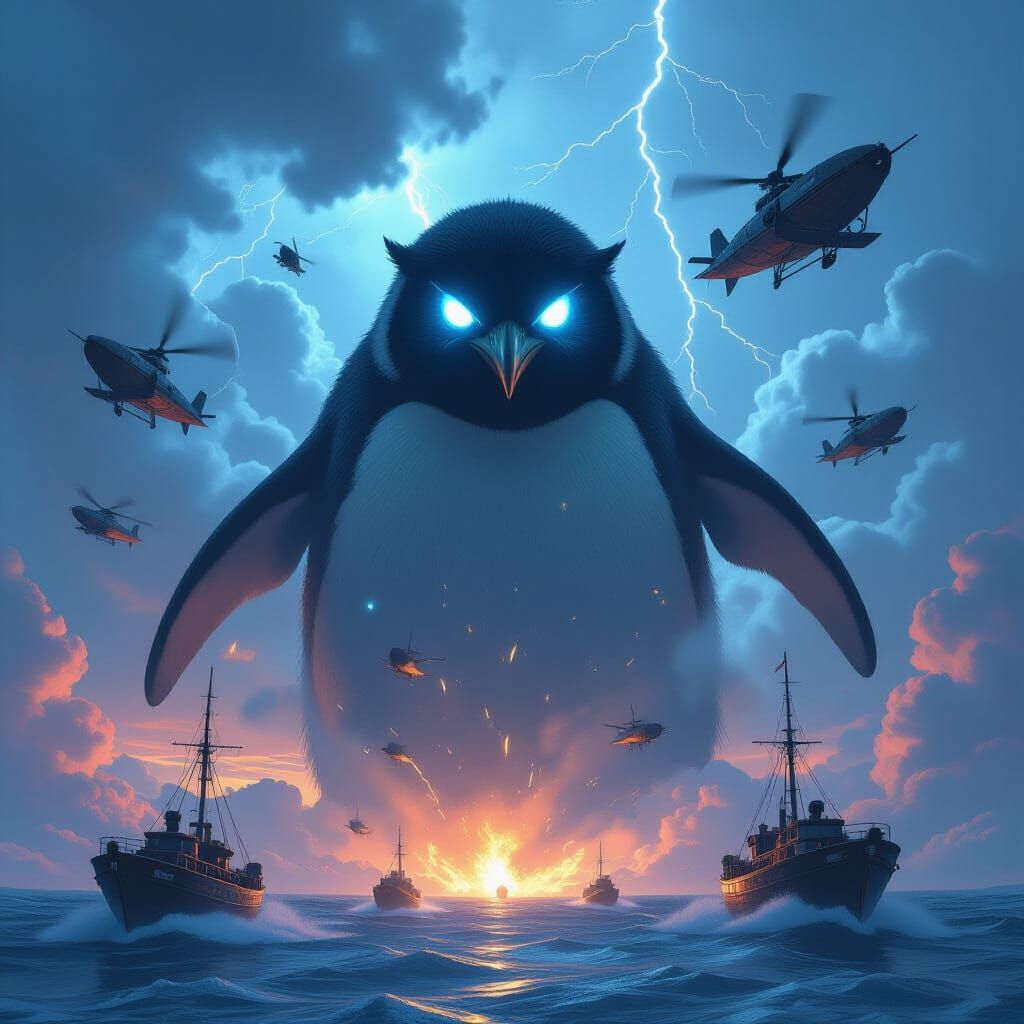 Giant Penguin Battles Steampunk Airships in Stormy Sky