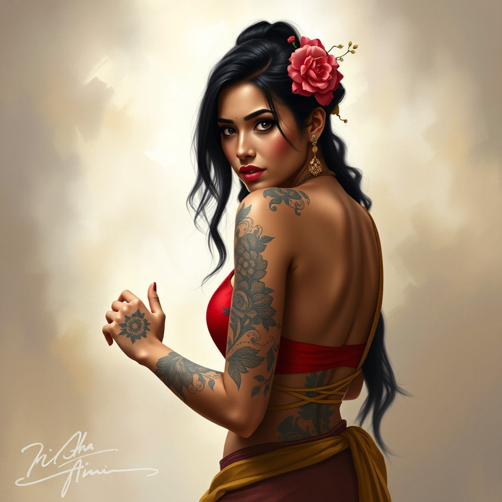 Indian Woman with Tiger Tattoo in Hyperrealistic Style