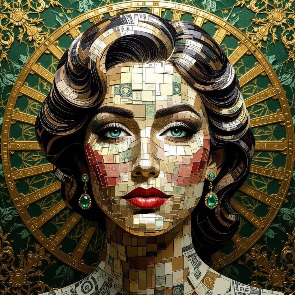 Woman's Face Portrait Made of Coins and Bills