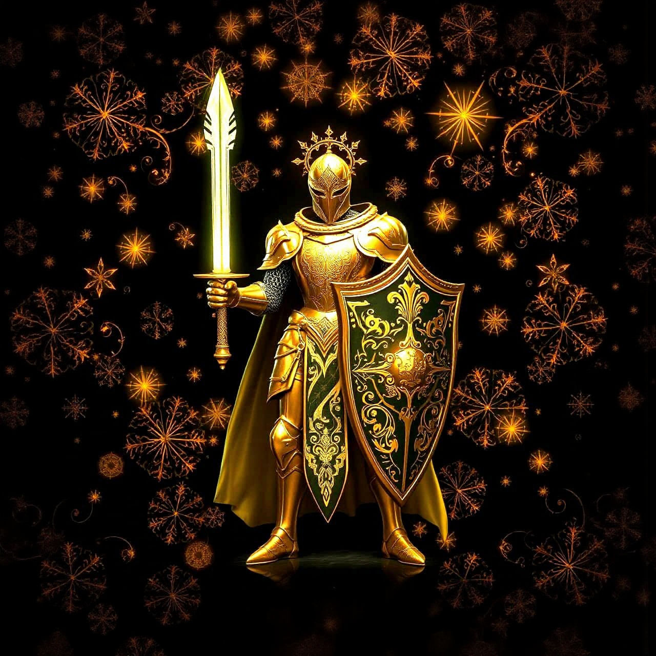 Ethereal Bioluminescent Knight with Golden Filigree