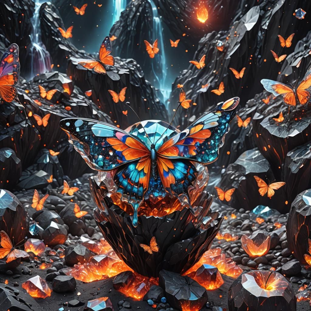 Crystal Lava Butterfly on Diamond Apple: Cosmic Illustration