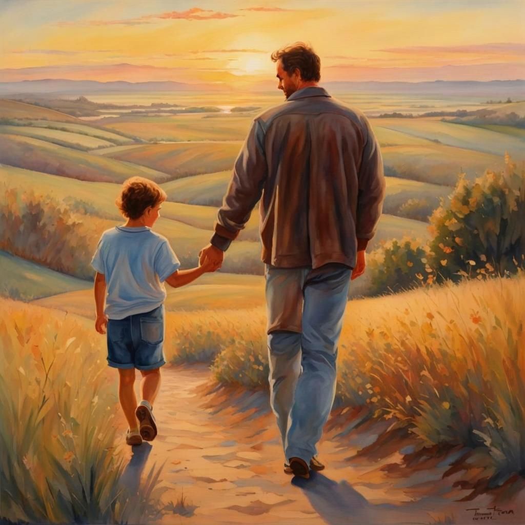 Heartfelt Father and Son Sunset Portrait in Watercolor