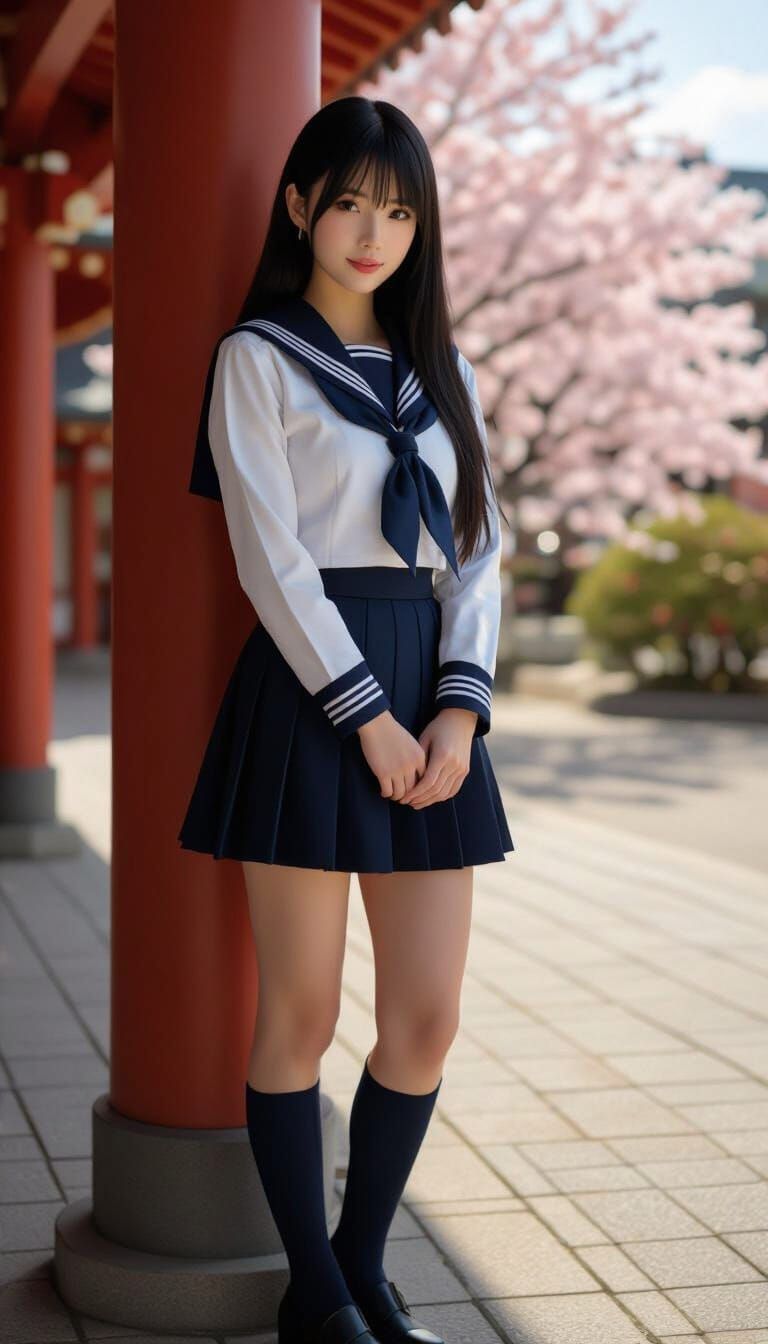 Kaori in Sailor Uniform at Shrine with Cherry Blossoms