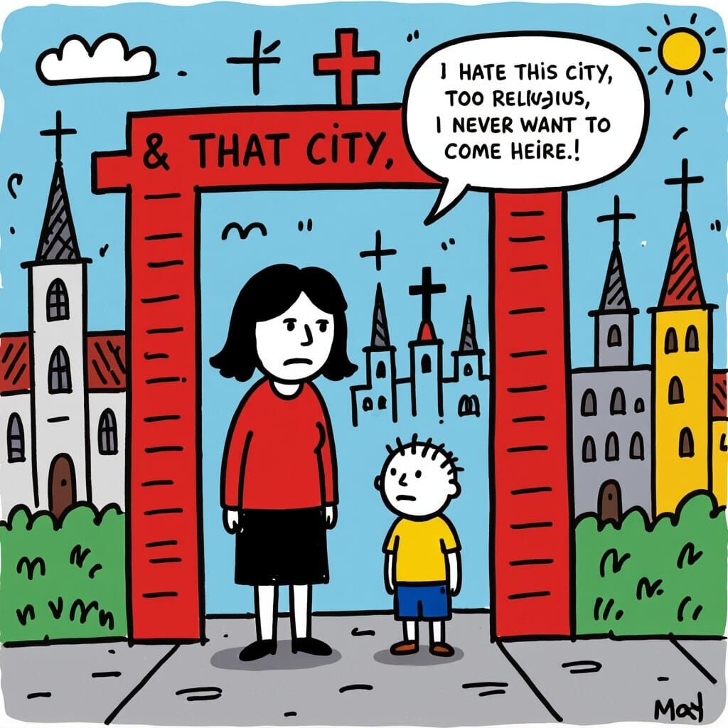 Stick Figure Comic: Mother and Son at City Entrance