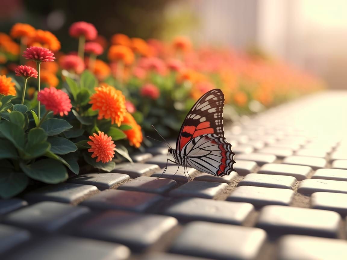 Vibrant Butterfly on Sunlit Cobblestone Path