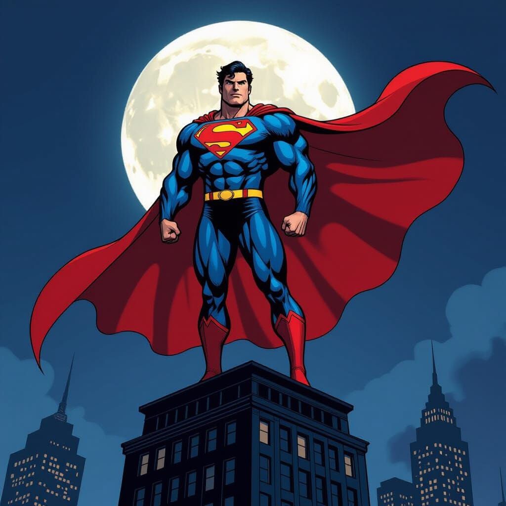 Superman on Skyscraper in Dramatic Comic Art Style