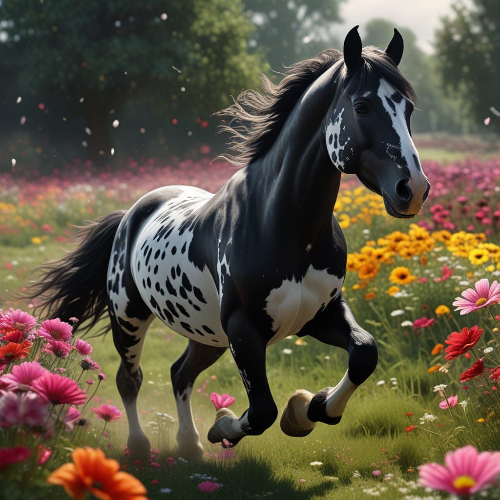 Spotted Horse Gallops Through a Vibrant Flower Field