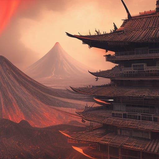 Volcano Rises Over Abandoned Cityscape in Illustration Style