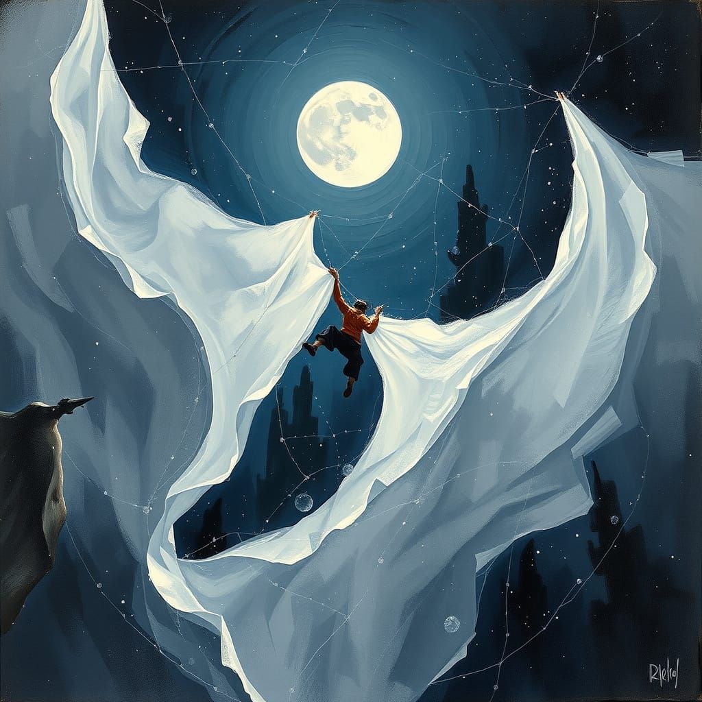 Pointillist Moonlit Scene in Dark Fantasy Style