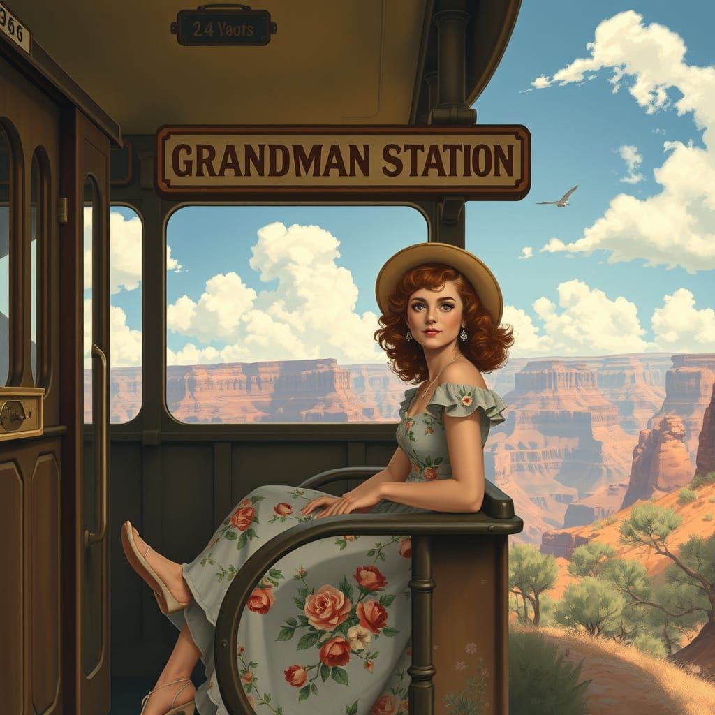 Grand Canyon Railway Station Scene in Whimsical Style