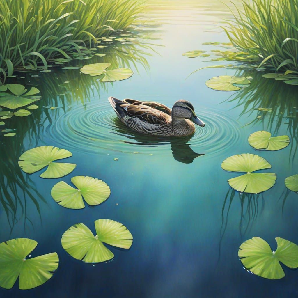 Dreamlike Duck Leaping from Surreal Lily Pond