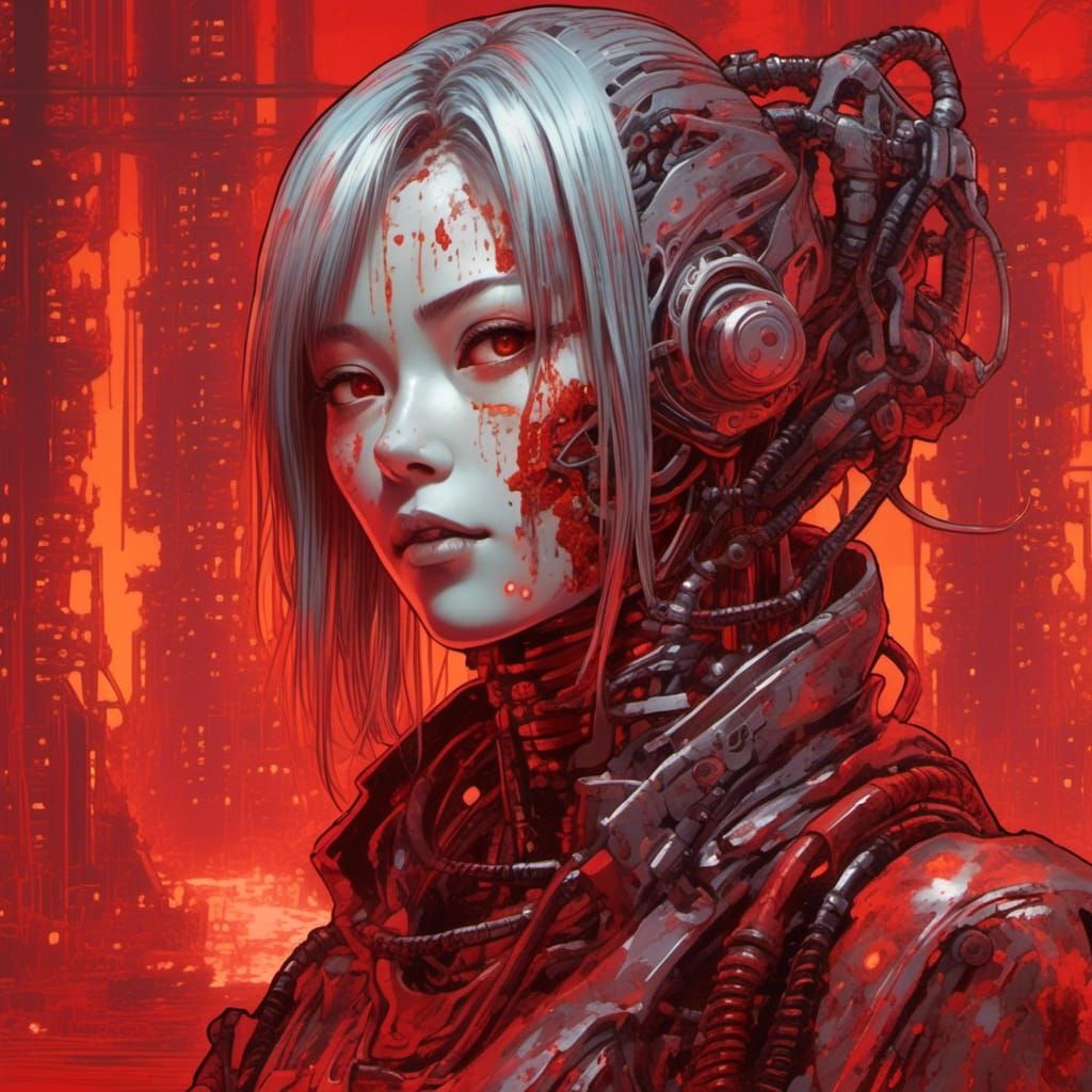 Corroded Biomechanical Cyberpunk Girl in Molten Dungeon
