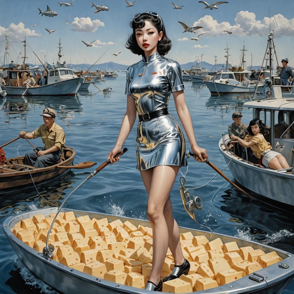 Retro Sci-Fi Pinup on a Cheese Boat, Foil Art