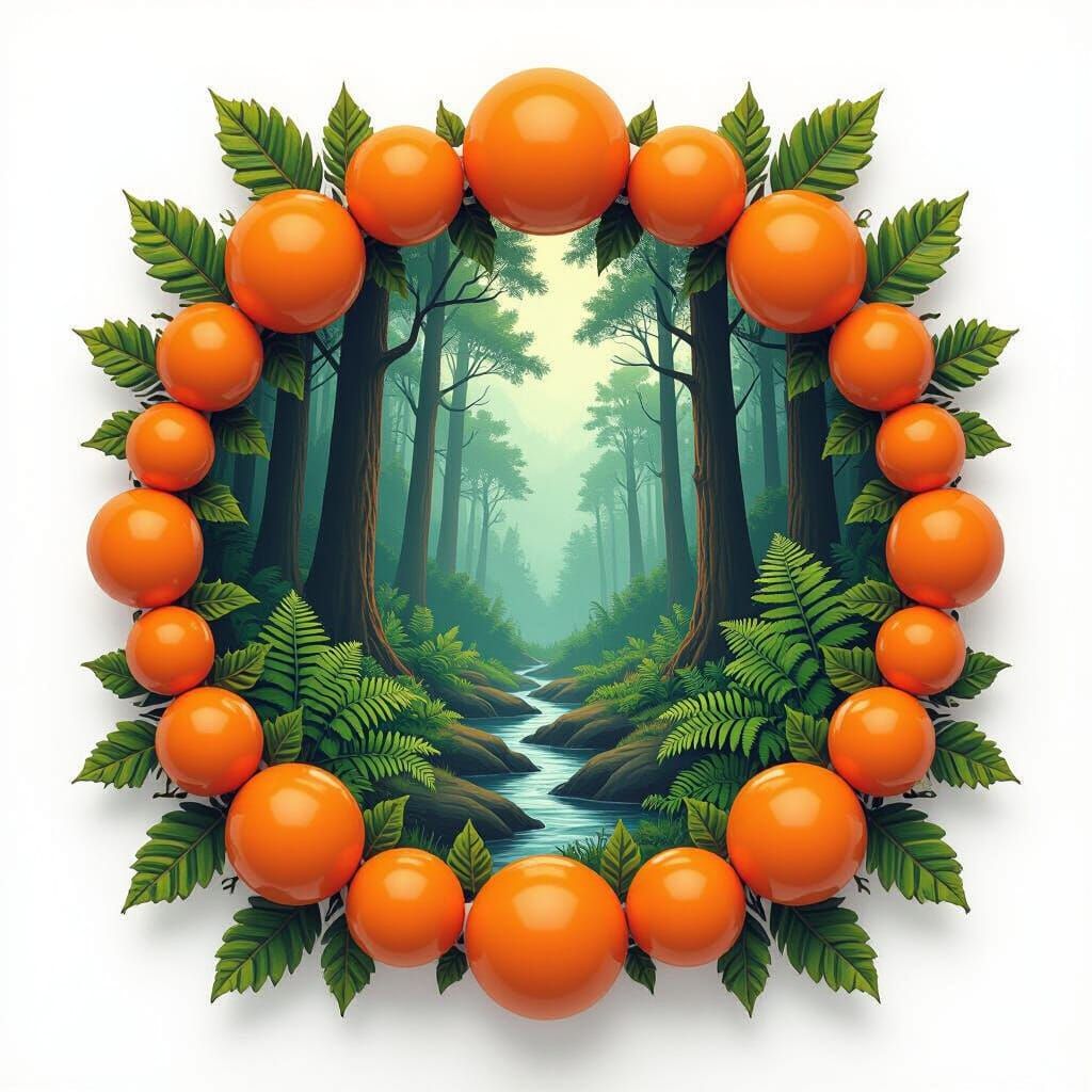 Vibrant Forest Landscape Framed by Orange Spheres and Leaves