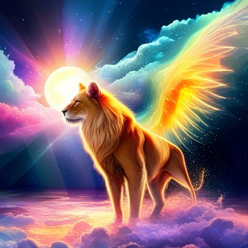 Heavenly Cosmos: Rainbow, Lion, and Angel Wings