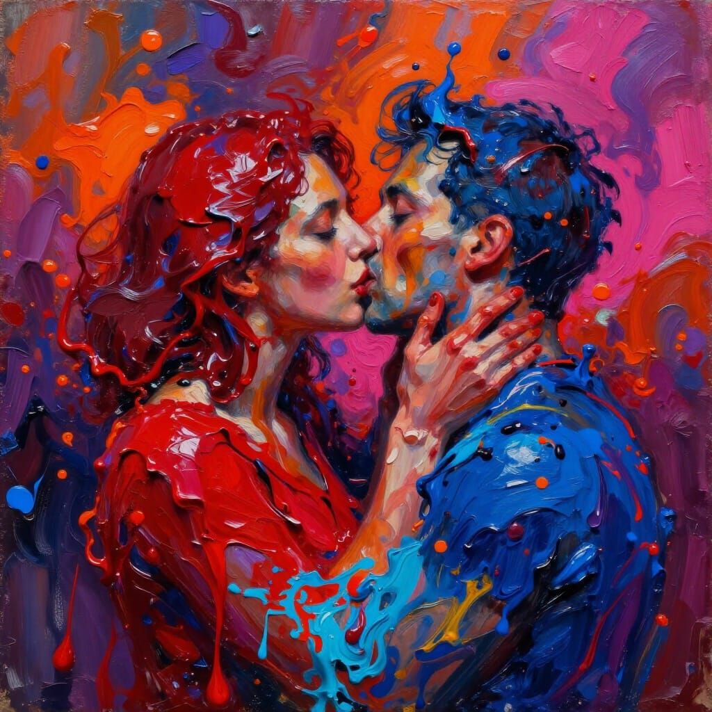 Intense Kiss Explodes in Vibrant Oil Paint