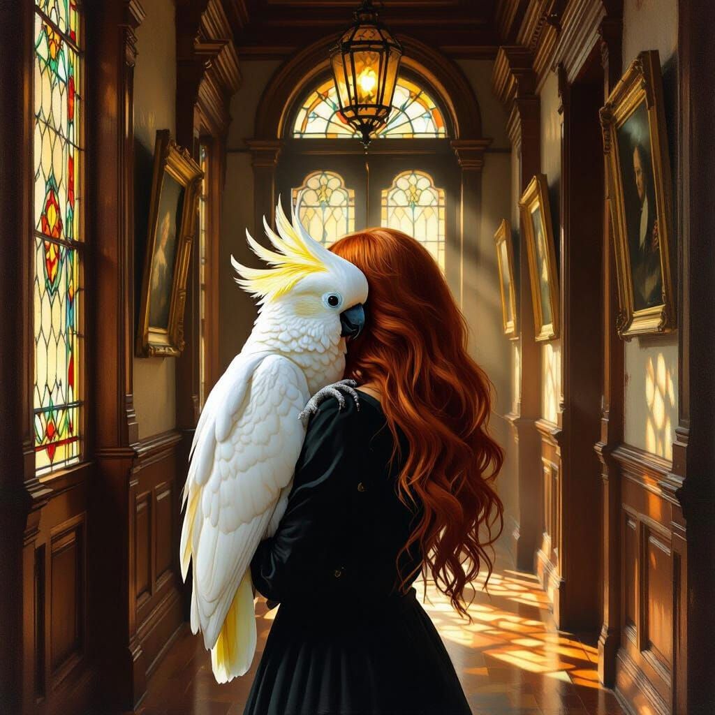 Woman and Cockatoo in Old House Hallway