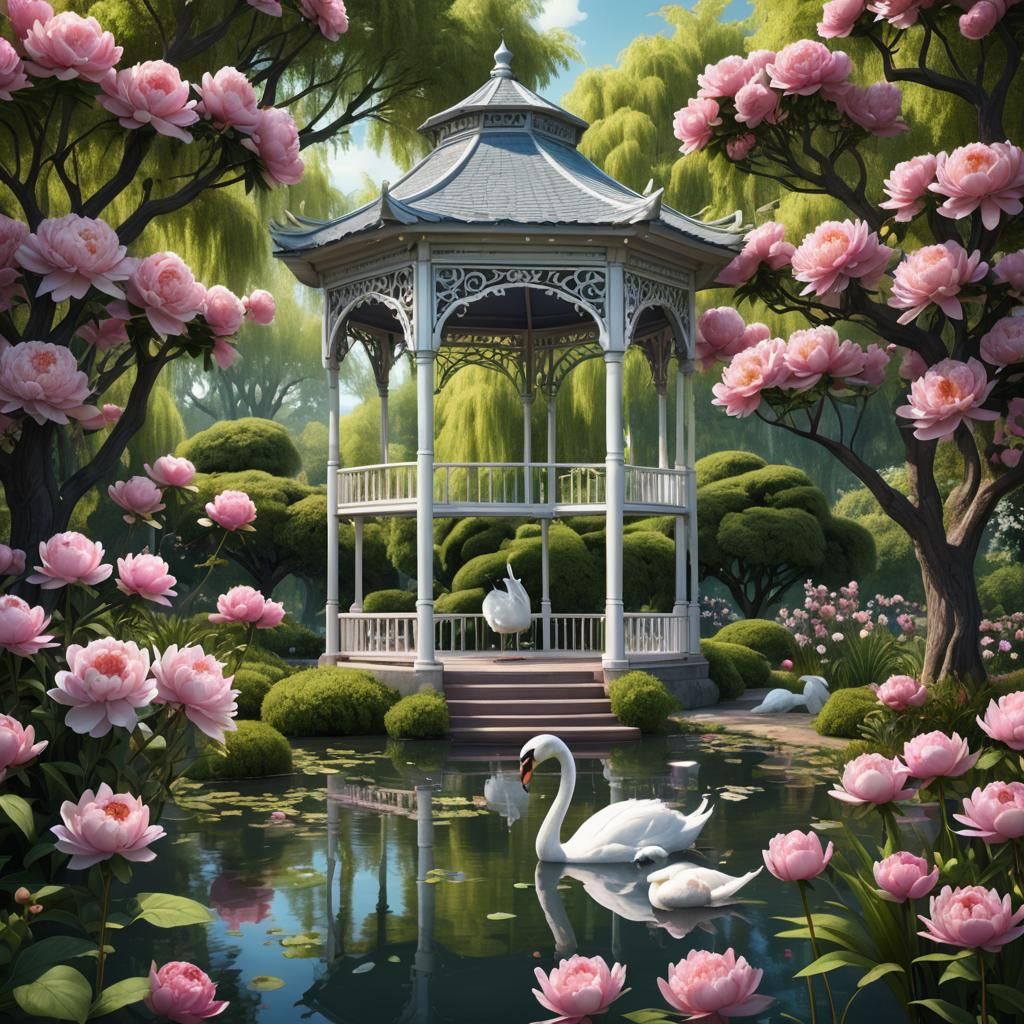Art Nouveau Garden with Peonies and Swan