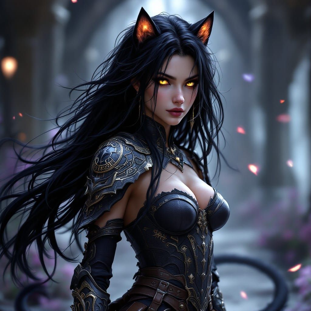 Demi-human Warrior with Black Lion Ears and Tail