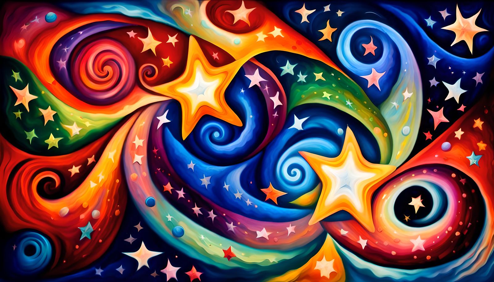 Cosmic Star-Beings Dancing in Iridescent Oil Painting Style