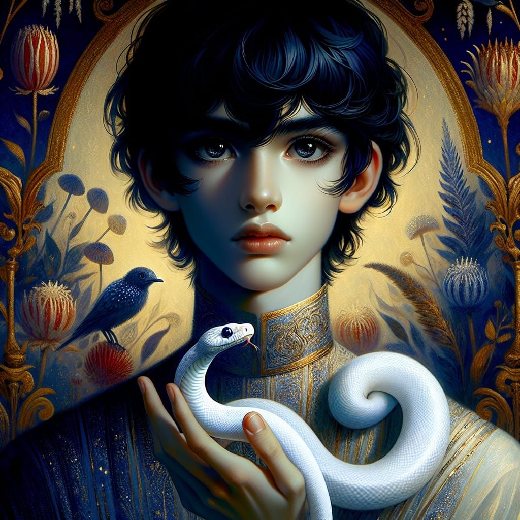 Ethereal Boy with Albino Snake: Classical Oil Painting