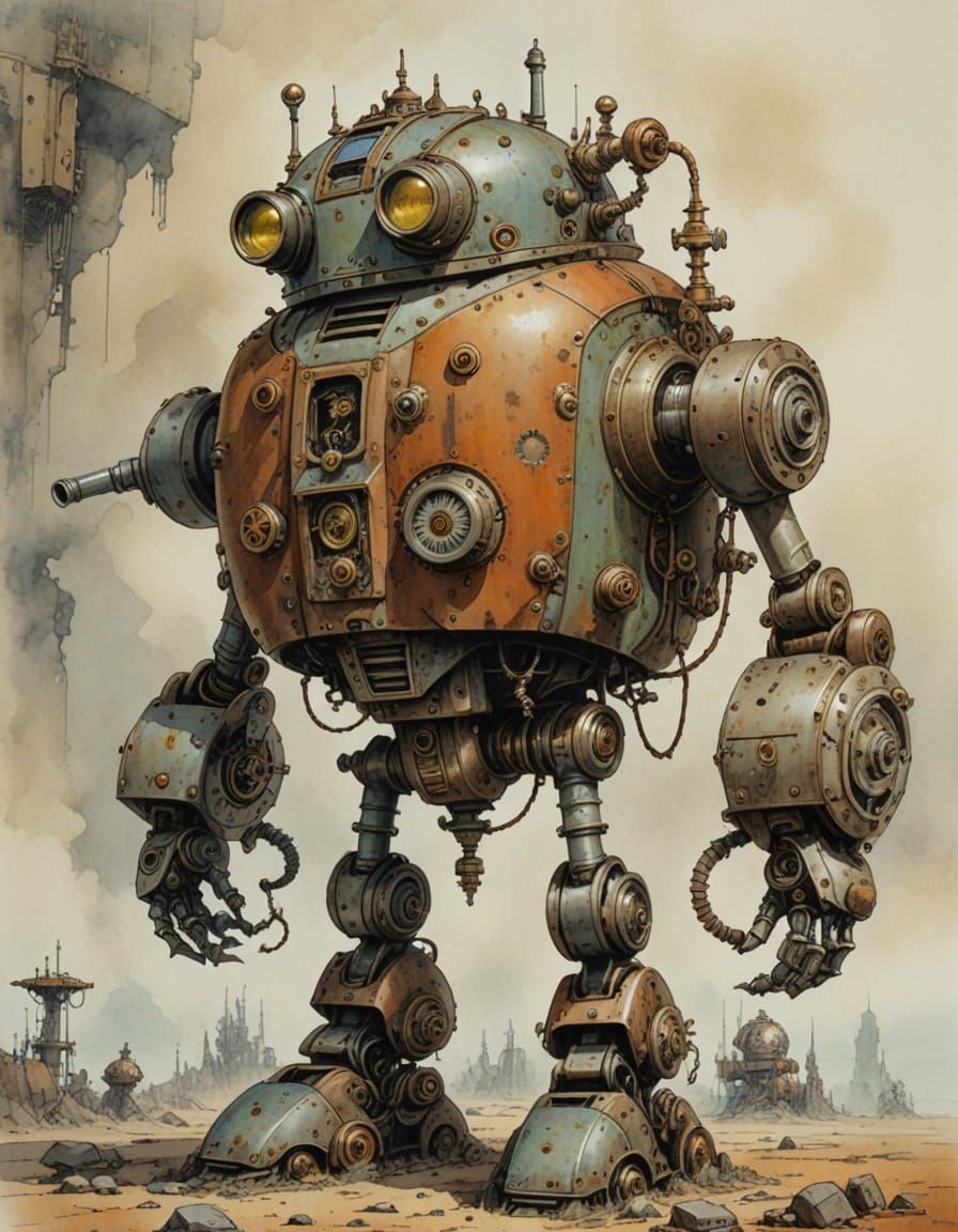 Steampunk Robot in Watercolour, Machinarium Aesthetic