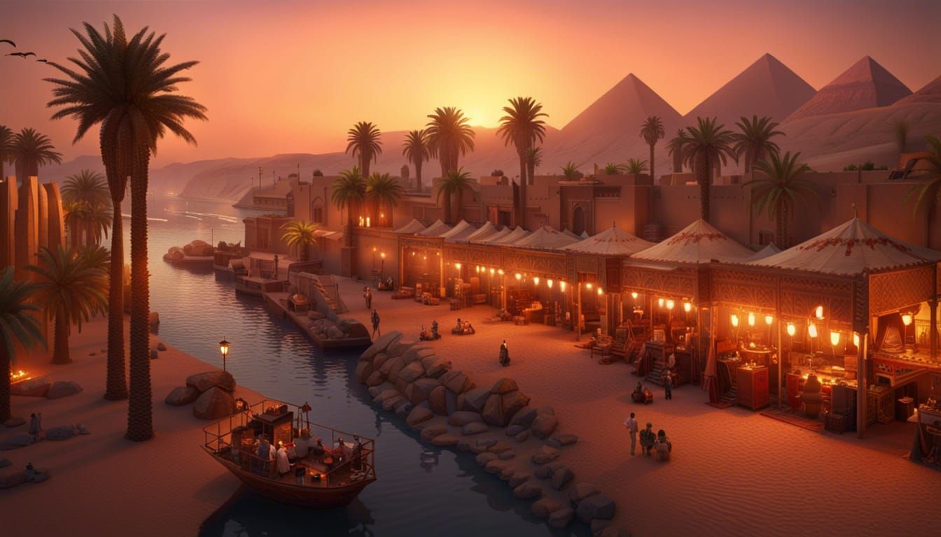 Egyptian Desert Bazaar at Sunset: Fantasy Concept Art