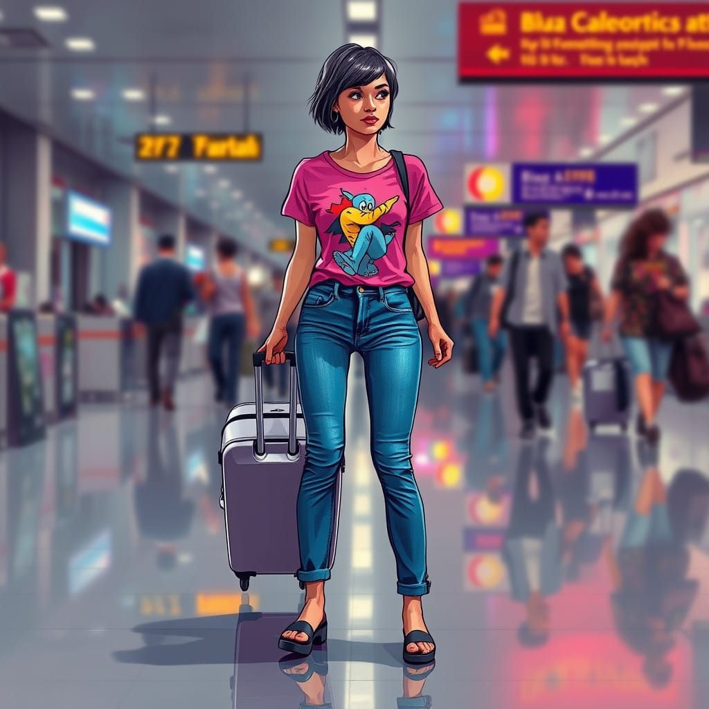 Woman Rushes Through Airport Terminal in a Vibrant Street Ar...