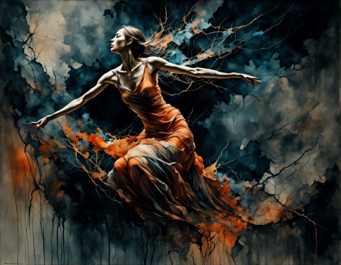 Enigmatic Woman Reaches Out in Warm Orange and Blue-Grey Hue...