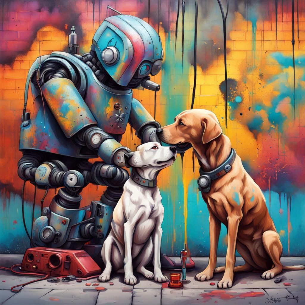 Dogs Repairing Robot Man in Graffiti Street Art