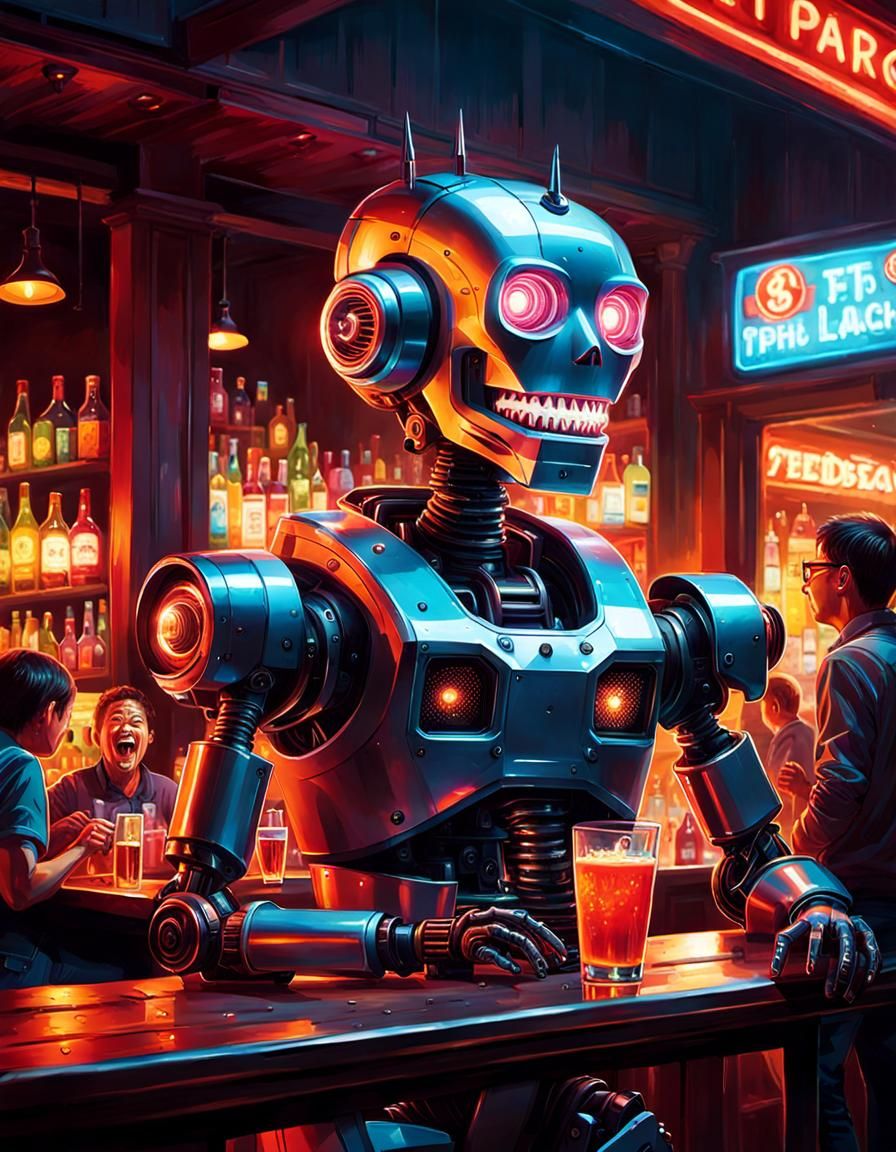 Psychotic Robot Laughing in Neon Bar, Double Exposure Art