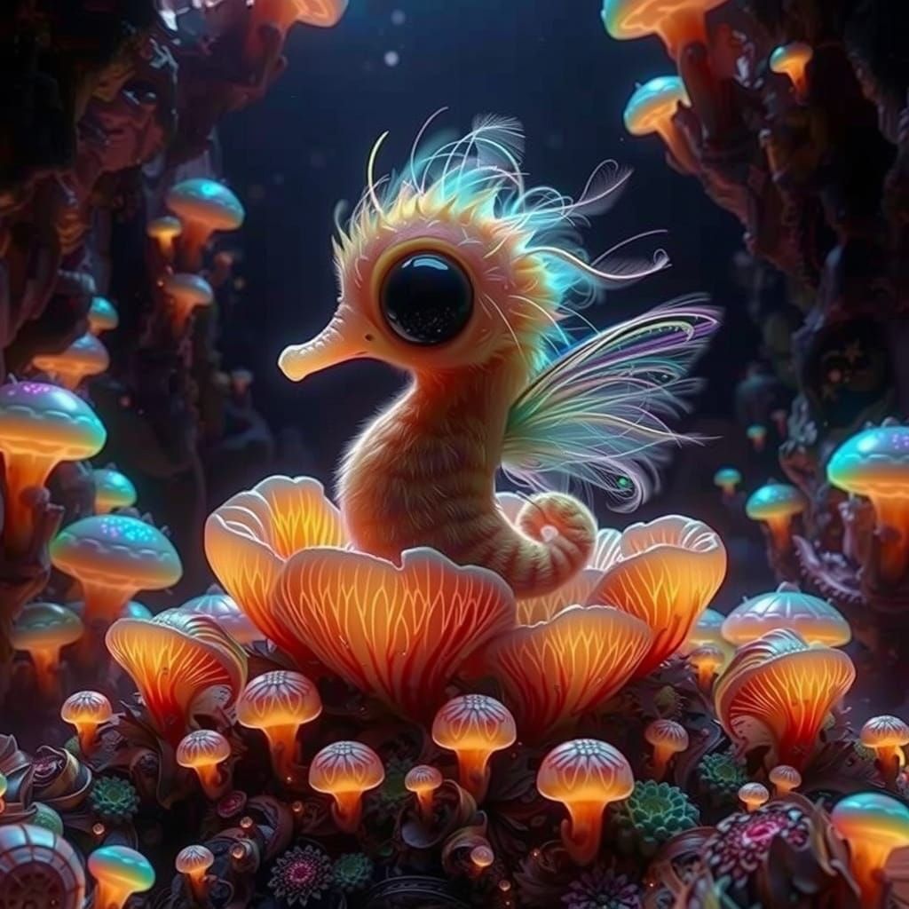 Rainbow Seahorse with Wings in Crystal Cave