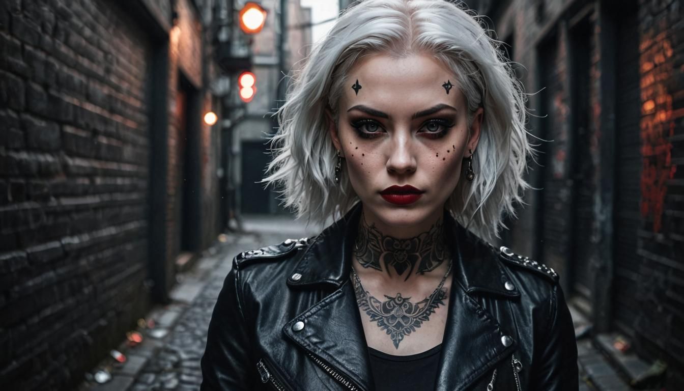 Hyperrealistic Portrait of Woman with Red Eyes and Tattoos