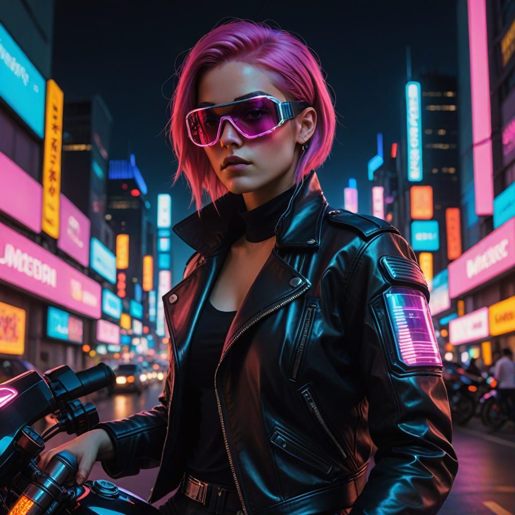 Cyberpunk Goddess Rides through Neon City Night