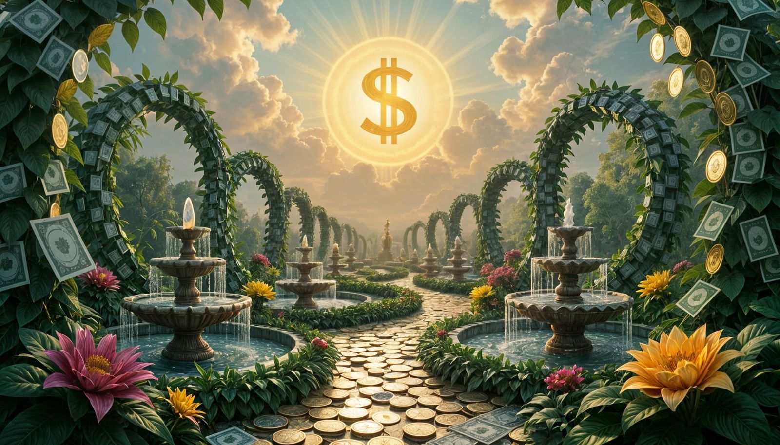 Majestic Money Garden With Currency Sun