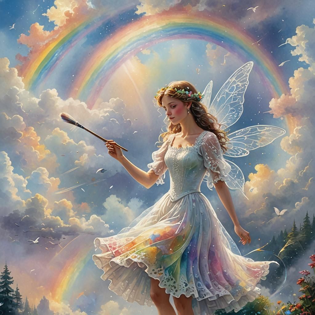 Fairy Creates Rainbow with Watercolor Splash Effect