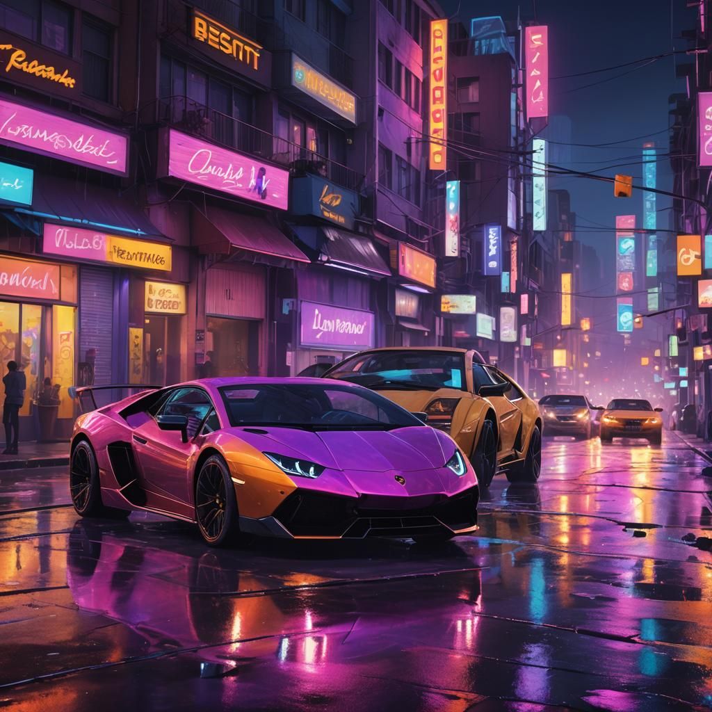 Lamborghini in Neon Cyberpunk Cityscape