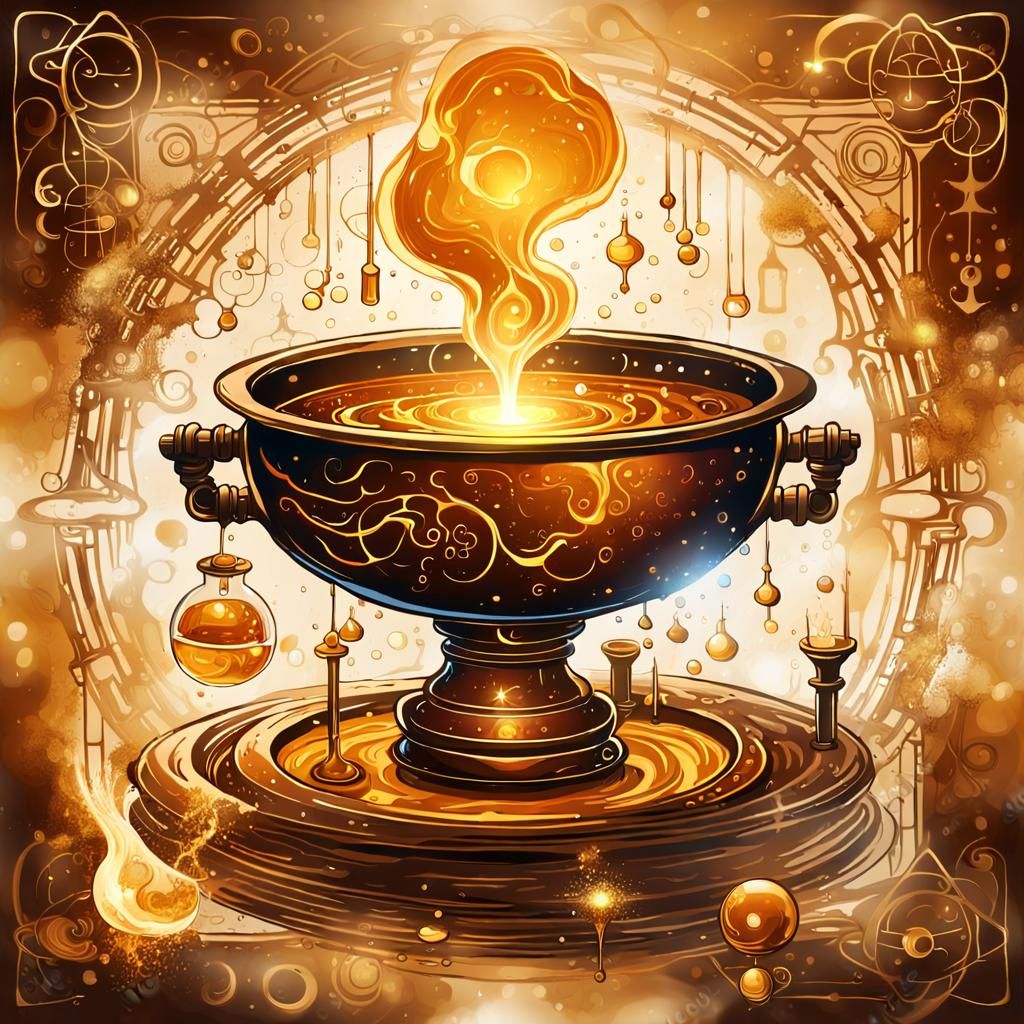 A bubbling crucible from which flowing liquids and glowing e...