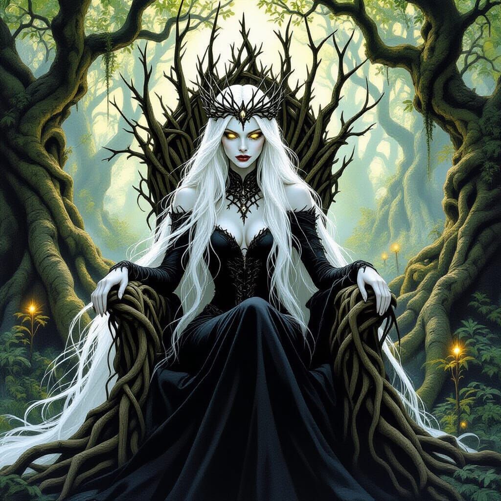 Albino Queen on Root Throne in Dark Fantasy Grove