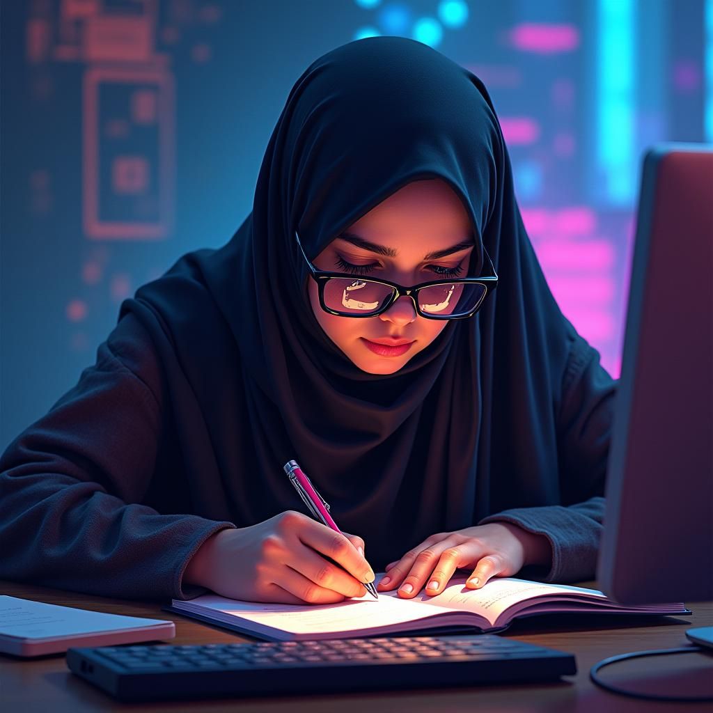 Hijabi Girl Coding SQL in Hyperrealistic Splash Art