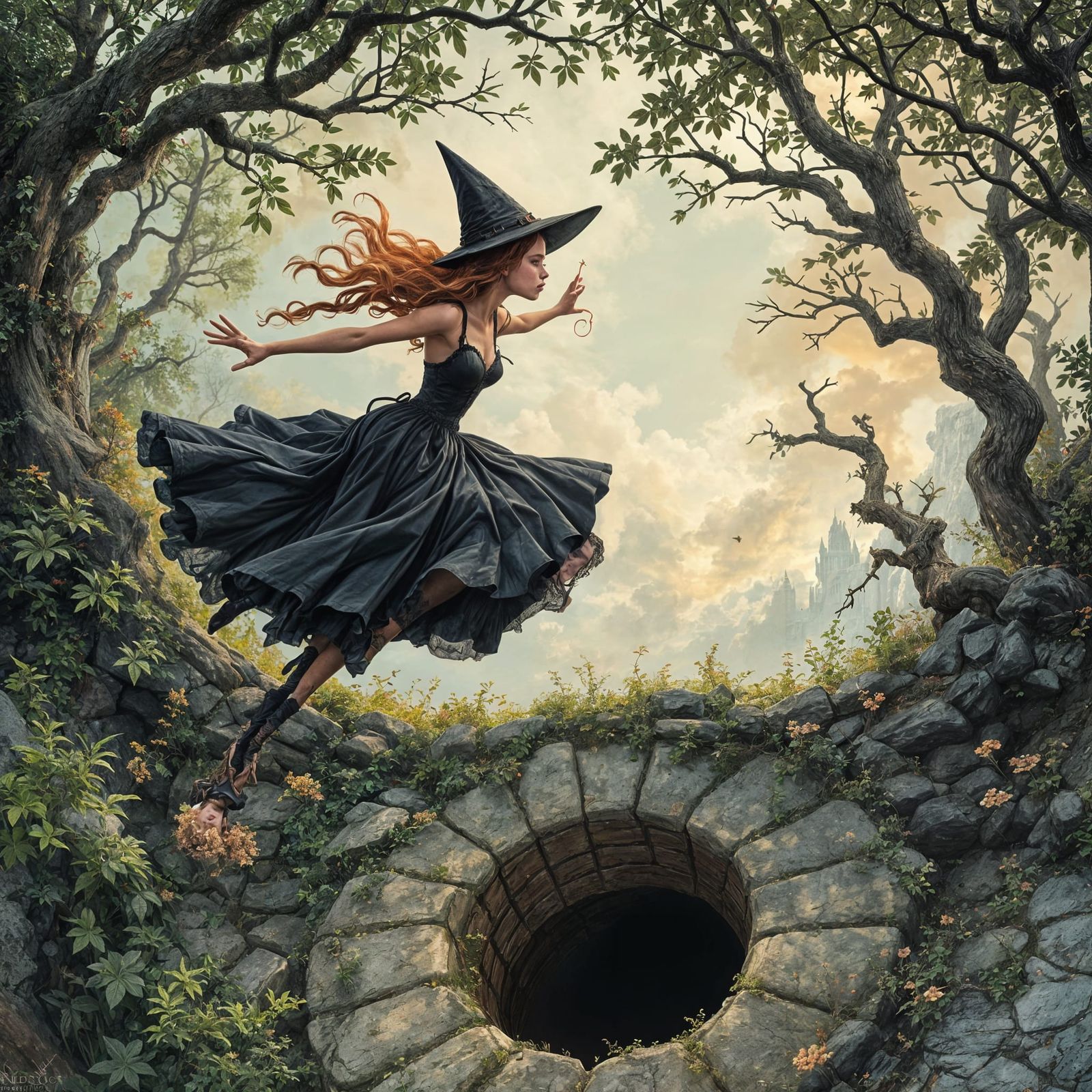 Fantasy Witch Leaps into a Mysterious Hole in a Bridge