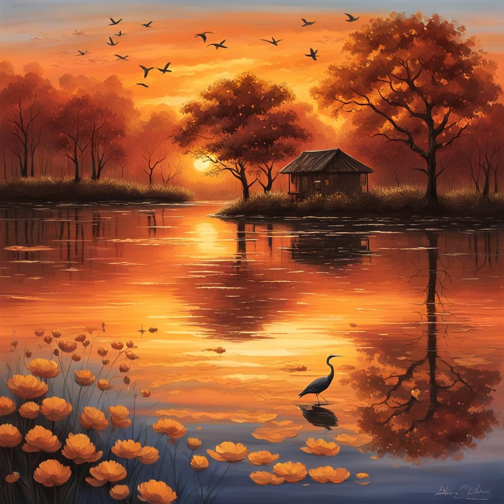 Sunset Lake: Gouache and Watercolor Impression