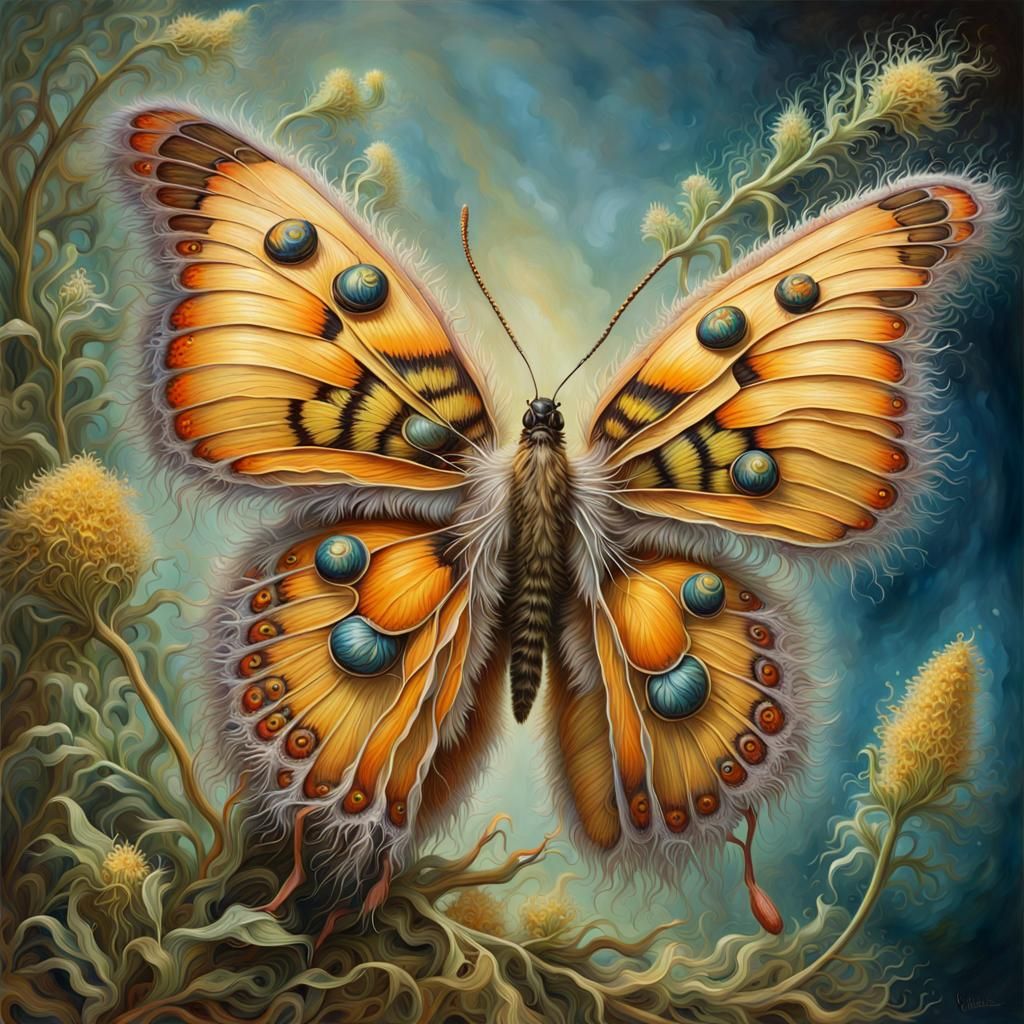 Oil Painting:  intricately detailed close-up butterfly polli...