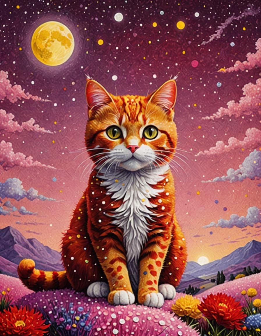 Pointillist Red Polka Dot Cat Under Magenta Moon